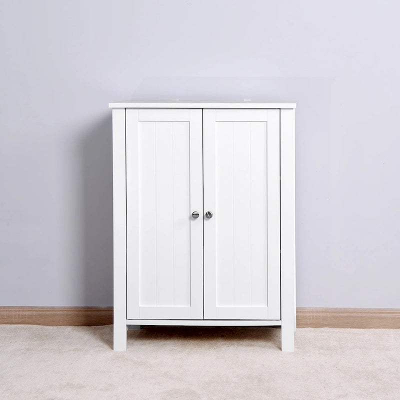Armoire de rangement au sol pour salle de bain avec double porte et étagère réglable, blanche