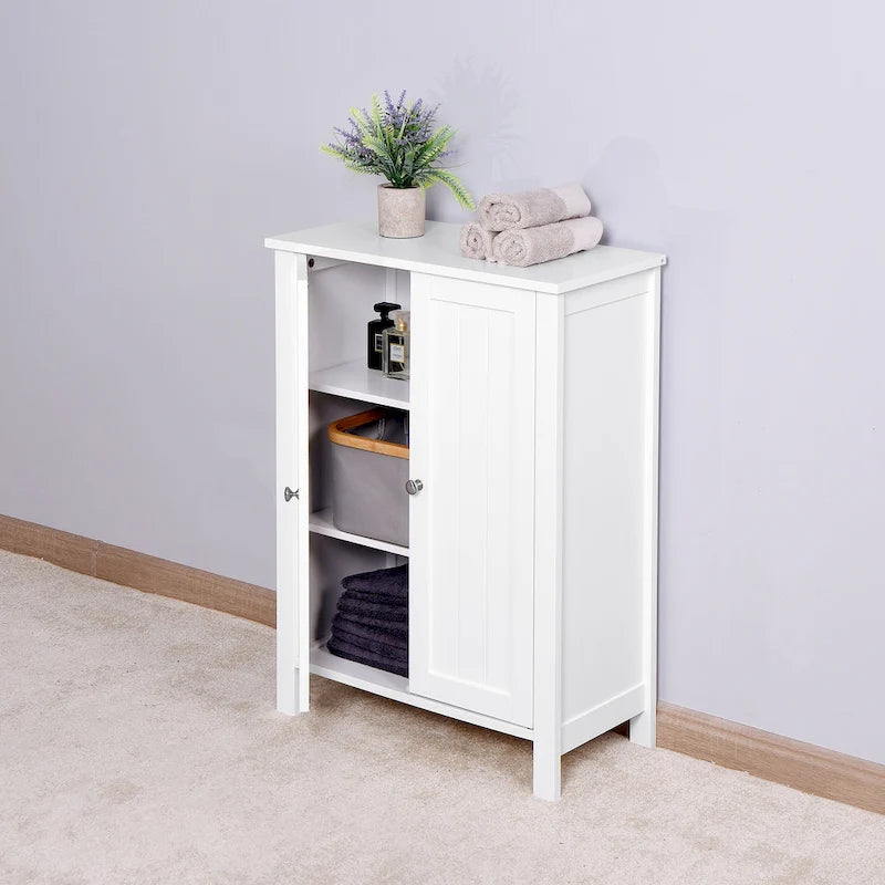 Armoire de rangement au sol pour salle de bain avec double porte et étagère réglable, blanche