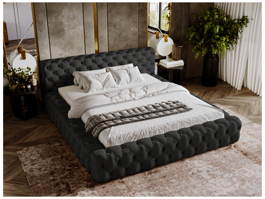 Lit en velours noir, 140 x 200 cm